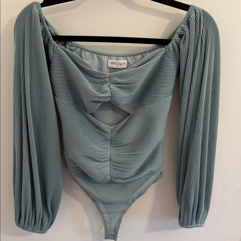 vestique Sage Green Long Sleeve Pleated Bodysuit